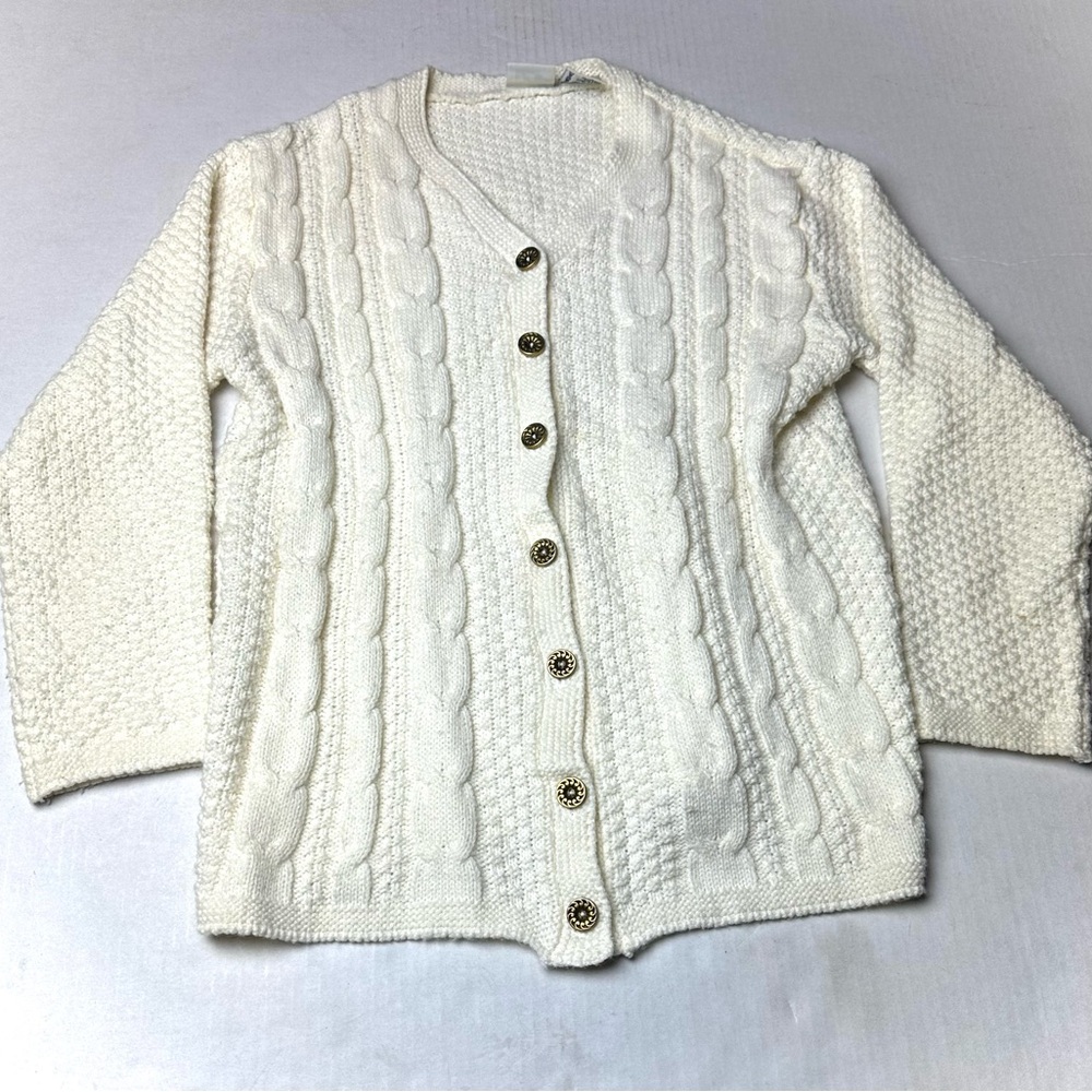 Vintage Bobbie Brooks Ivory Cream Cardigan Gold Buttons Women Small Cable Knit